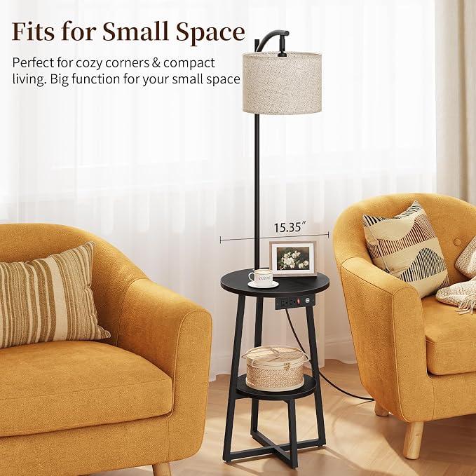 Yoobure Floor Lamp with Table - Farmhouse Night Stand with Charging Station | Side Table with Floor Lamps for Living Room, Bedroom, End Table with Lamp Attached 3 Color Temperatures Bulb, 2 Tier Shelves