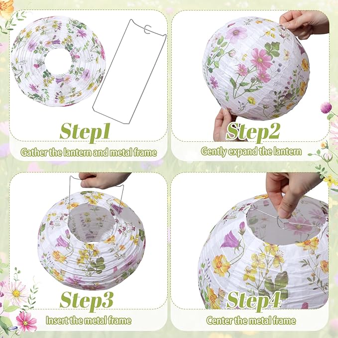 12 Pcs Floral Paper Lanterns Tea Party Decorations Flower Wildflower Spring Birthday Party Decoration Flower 10 Inch Hanging Round Paper Lanterns for Wedding Bridal Shower Baby Shower Decor