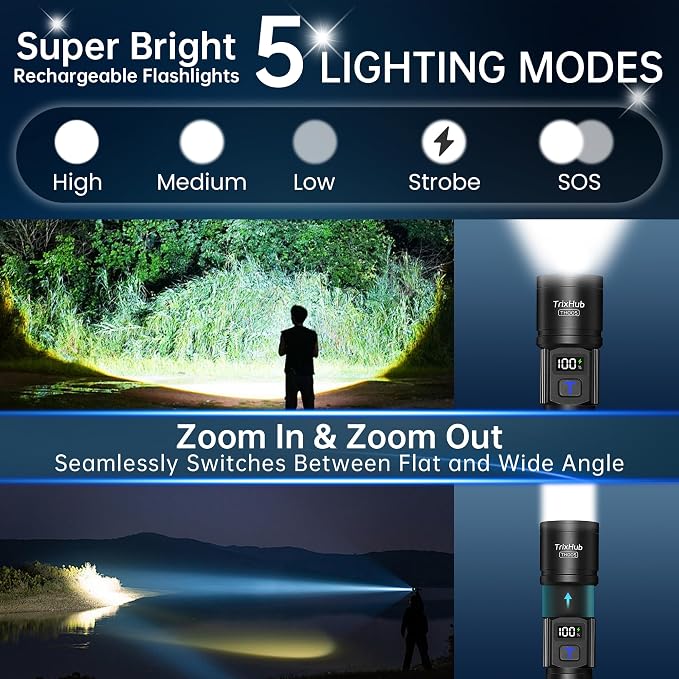 Rechargeable Flashlights 3 Pack, Super Bright High Lumens Flash Light, 5 Modes Zoomable Linternas with LCD Digital Display, Powerful Handheld LED Flashlights for Home Emergencies Camping