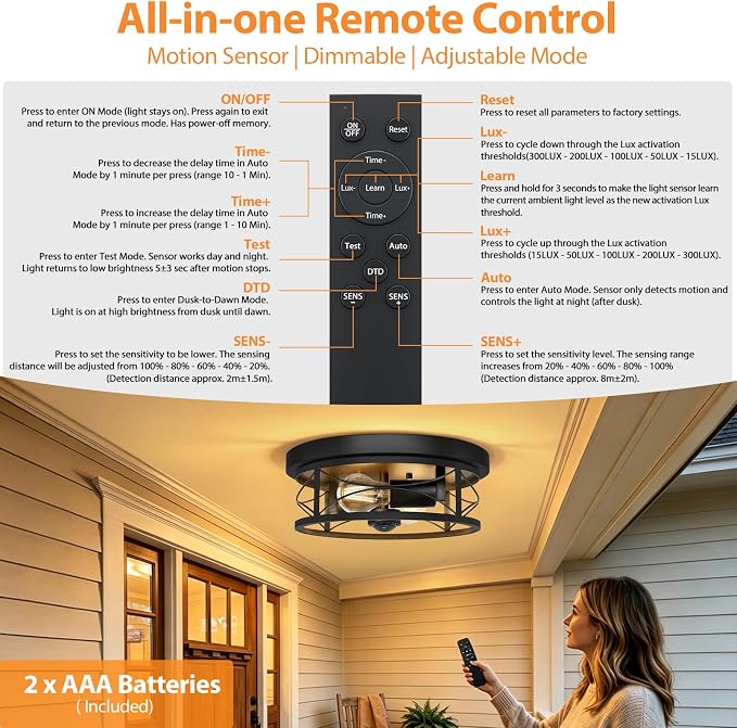Motion Sensor Outdoor Ceiling Light, Dusk to Dawn Flush Mount Light Fixture | 3 Smart Lighting Modes, Upgraded Motion Sensor with 360° PIR Detection for Outside Patio Hallway Driveway Garage Exterior