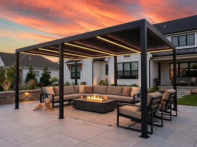 PURPLE LEAF Louvered Pergola 12' x 24' 94AS LED Strip Light 53mph Windproof | Four Adjustable Roofs, Rainproof System, Reinforced 5.12-Inch Beams, Plus Hidden LED Lights With Glow, Taller Design