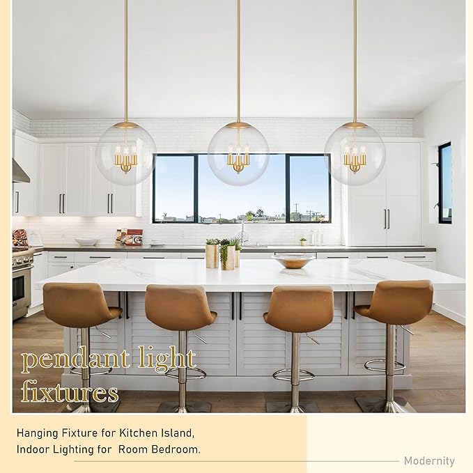 14" Globe Pendant Light Contemporary Globe Pendant Lights Kitchen Island 3 Light Gold Mid Century Pendant Light Clear Glass with Brass Finish Adjustable Hanging Light Fixture for Dining Room