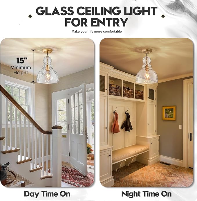 Hammered Glass Pendant Light Gold Pendant Lights Kitchen Island 12in Large Brass Kichen Island Light Over Sink Glass Ceiling Pendant Light for Entry Hallway Dining Room