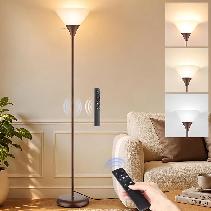 Coucrek Floor Lamp for Living Room, Torchiere Standing Light | Remote Control Stepless Dimmable Brightness & Color Temperature, 9W LED Bulb Included, Tall Lamp for Bedroom, Office, Dorm