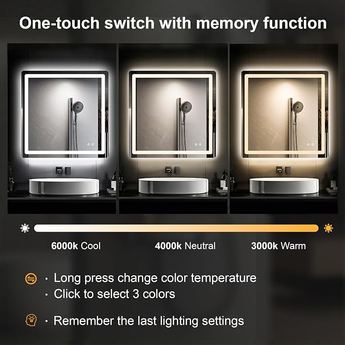 LED Bathroom Vanity Mirror with Lights, 30"x30" Lighted Wall Mirror | Front and Backlit, Anti Fog, Dimmable 3 Color Lighting, Memory Function, Shatterproof Glass, Plug in or Hardwired