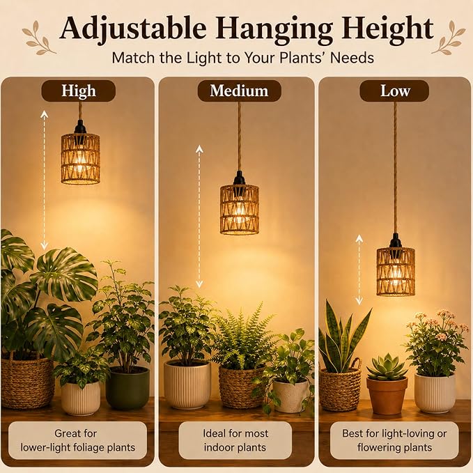 2 Pack Hanging Grow Lights for Indoor Plants Boho Rattan Plant Light | 15FT Power Cord with Timer, 15W Full Spectrum Pendant Plant Lights for Indoor Growing Greenhouse Flowers Home Decor