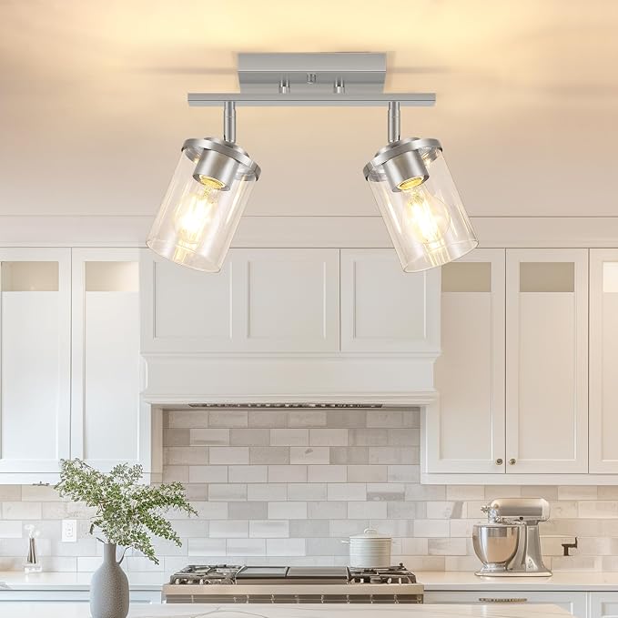 FadimiKoo 2-Lights Brushed Nickel Kitchen Track Lighting Fixtures Ceiling Mount, Adjustable Hallway Light Fxitures with Clear Glass Shade, Modern Spotlight Fixtures for Living Room Foyer Stairway
