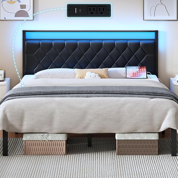 King Size Bed Frame with Charging Station, LED Light and PU Leather Upholstered Headboard, Platform Bed Frame with Under-Bed Storage, Easy Assembly, Noise Free, No Box Spring Needed, Black