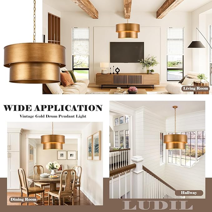Gold Chandelier Light Fixture, 21" Drum Chandeliers with 2-Layer Antique Bronze Metal Shade, 6-Lights Large Pendant Light Fixture, Chandeliers for Dining Room Bedroom Living Room Kitchen Island Foyer