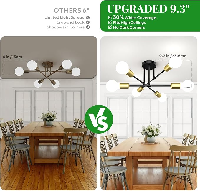 Modern Sputnik Chandelier Ceiling Light Fixtures, 6-Lights 22” Mid Century Industrial Metal Semi Flush Mount for Dining Room, Bedroom, Living Room-Black and Gold