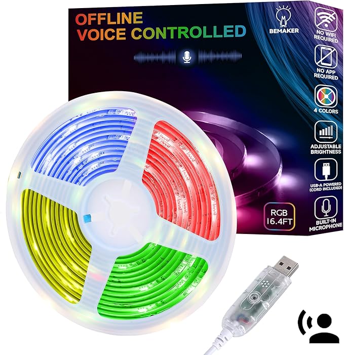 AI Voice Activated Under Bed Lights Strip,Indoor Kids Bedroom Night Lights RGBW, No App/Wifi Required, Dimmable Color Changing Strong Adhesive, Music Sync USB Powered 16.4ft for Kitchen Cabinet