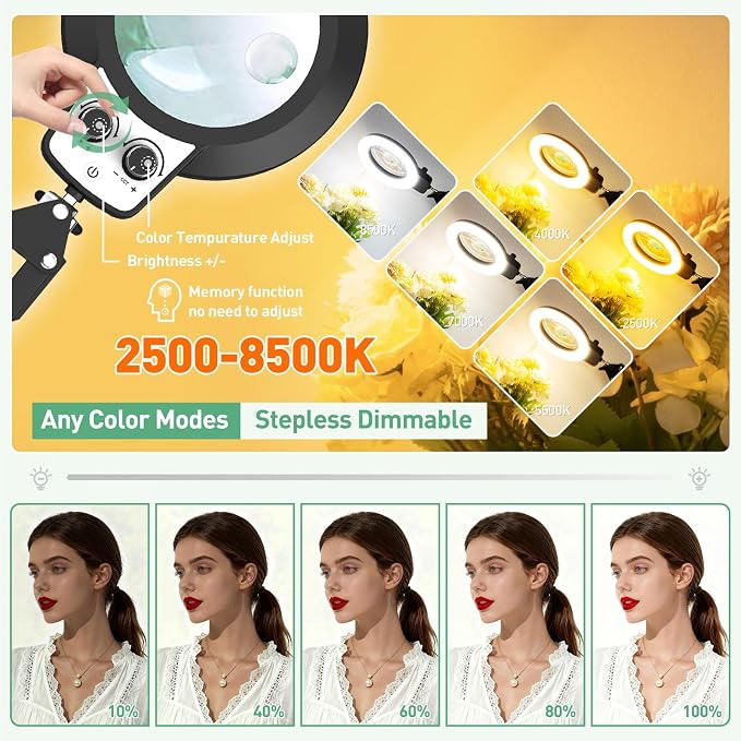 Magnifying Glass with Light, Overhead Knob Magnifier Lamp 12X 30X | 35in Adjustable Arm For Craft Repair Sewing Workbench Close Work, LED Magnifying Light Real Glass Stepless Dimming and Color