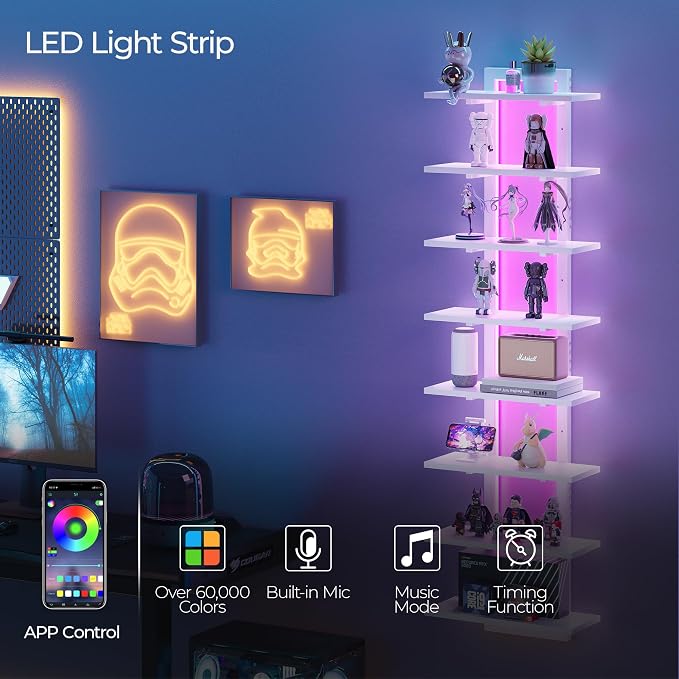 8 Tier Wall Shelf Unit Floating Shelves with LED Light, Vertical Wall Shelf, Wall Mounted Display Shelf for Living Room, Bedroom, Vanity, 15" W x 5.9" D x 58.3" H, White
