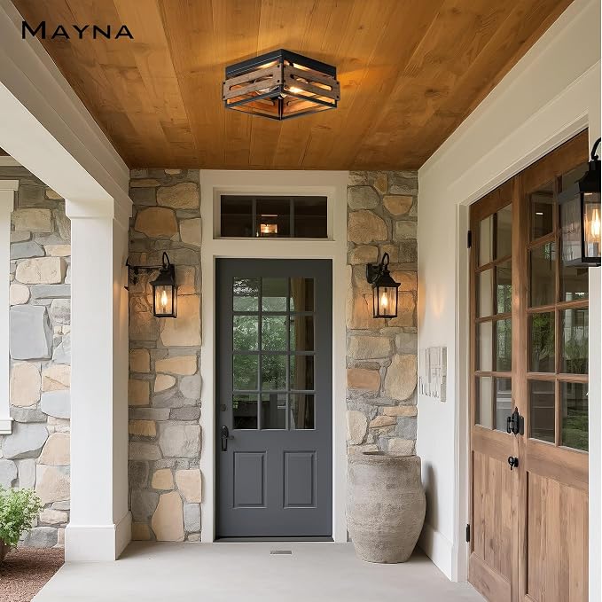 MAYNA Farmhouse Ceiling Light, 2-Light Rustic Flush Mount Ceiling Light with Metal and Wood, Farmhouse Hallway Light Fixtures for Kitchen Entryway Bedroom Dining Room