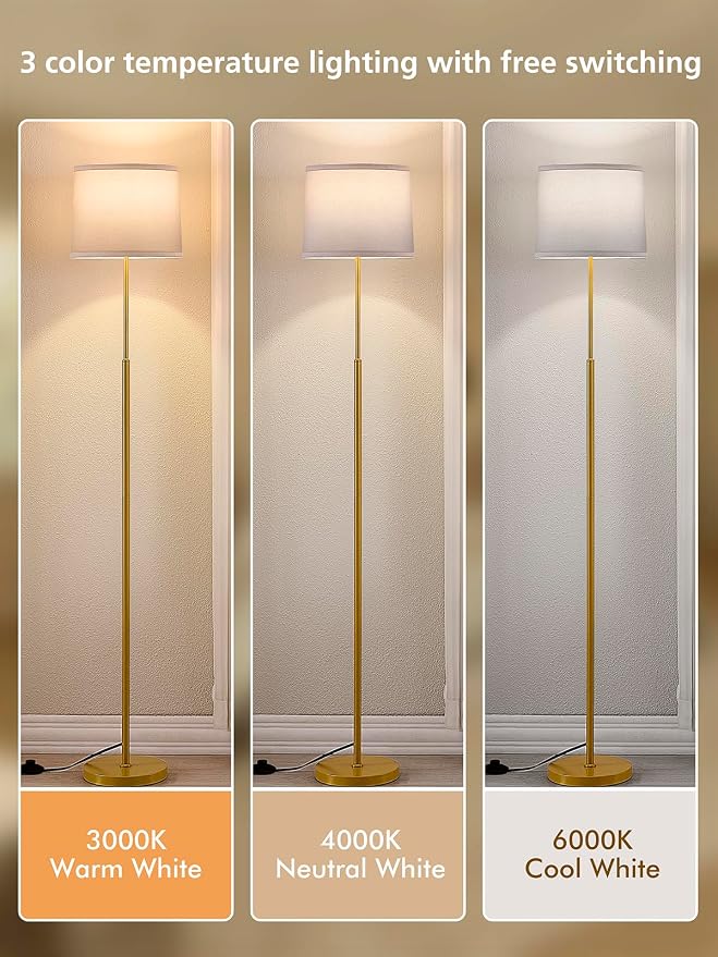 60" Modern Floor Lamp for Living Room Bedroom, Standing Lamp with White Linen Lampshade, Tall Lamp with A19 9W 3 Color Temperature Bulb, Foot Switch Control, Gold