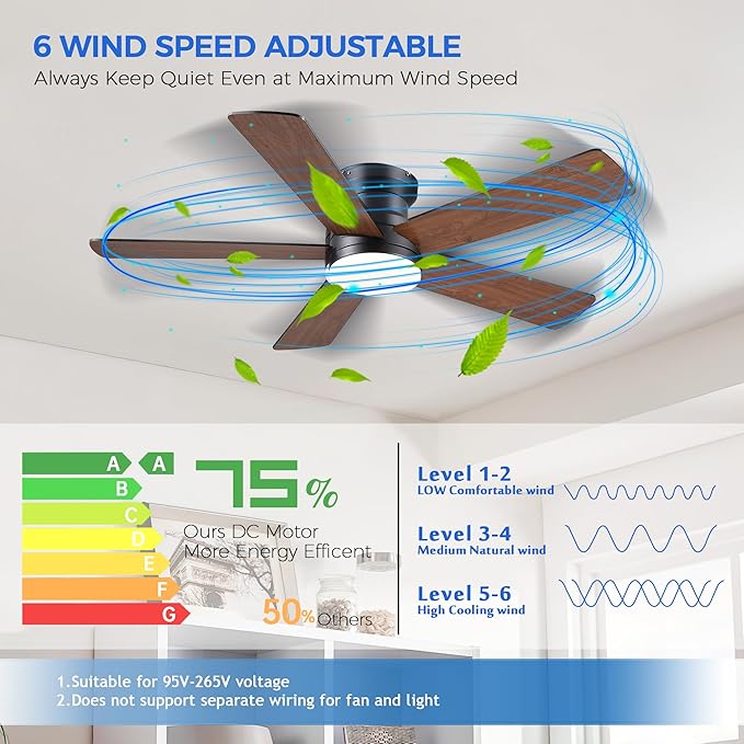 Flush Mount Ceiling Fan with Light and Remote/APP - 48" Low Profile Ceiling Fan with 3CCT Dimmable, 5 Reversible Blades, Modern Indoor Fan Light Fixtures for Bedroom, Kitchen