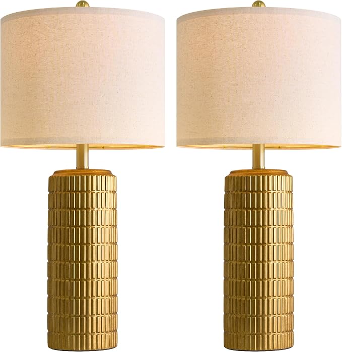 PoKat 27.5'' Tall Brass Gold Table Lamps Set of 2 for Living Room, Modern Table Lamps for Bedroom Night Stands, Retro Ceramic Bedside Lamps, Nightstand Lamps for Sideboard Side End Table, Gold