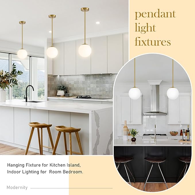 6" Globe Pendant Light Gold 2 Pack Mid Century Pendant Light Globe Pendant Lights Kitchen Island Brushed Brass Finished with Milk Glass Adjustable Ceiling Light Fixtures for Dining Room Bar