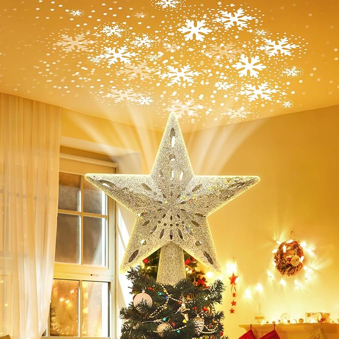 Christmas Star Tree Topper with Built-in Led Snowflake Projector Lights Hollowed Pentagram Golden Tree Topper,Plug in Christmas Tree Ornament for Indoor New Year Holiday Tree Decoration