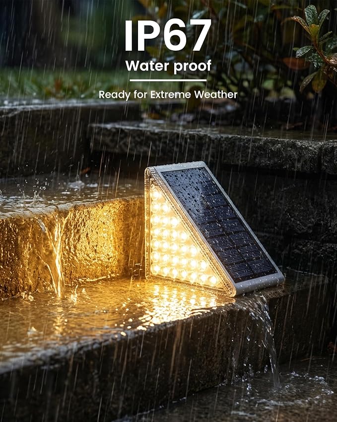 Outdoor Step Lights, Upgraded 28 LEDs 2 Brightness Modes, IP67 Waterproof Solar Stair Lights for Outside Steps, 1200mAh Battery Long Runtime Warm White for Patio Deck Yard Porch, 8 Pack