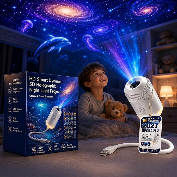2027 New Hd Smart Dynamic 5d Holographic Night Light Projector 2-in-1 Galaxy Star and Ocean Projector with 24 Films, 360° Rotating USB Powered Ceiling Light for Bedroom
