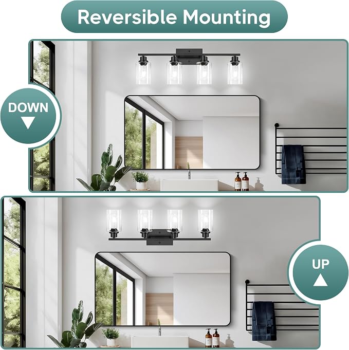 Ascher Bathroom Light Fixtures, 4-Light Vanity Light Over Mirror, Matte Black Wall Sconces with Clear Glass Shades, Wall Lamp for Living Room Bedroom, E26 Base(Bulbs Not Included)