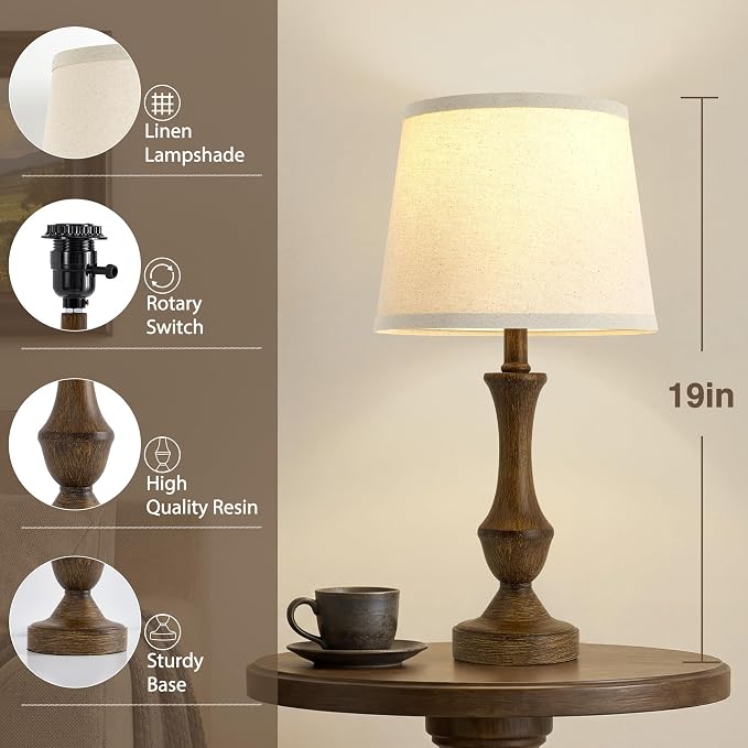 Luvkczc Table Lamp Set of 2, 19" Traditional Resin Bedside Lamps Nightstand Lamp for Living Room & Bedroom,Vintage Nightstand Lamps with Linen Shades, Wood Grain