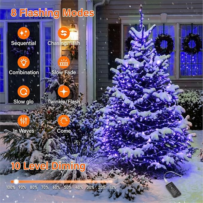 ZSJWL Rechargeable Fairy Lights with Remote，66ft 200 LED Outdoor Battery String Lights with DIY Timer & Light Sensor, Waterproof Dimmable Twinkle Light for Tree Christmas Indoor, Blue
