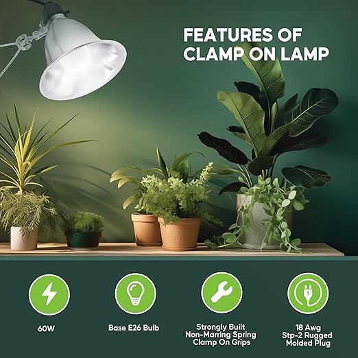 Healsmart 5.5" Clamp Light Socket, 60-Watt Maximum with 6 Feet 18/2 SPT-2 Cord, Aluminum Reflector E26 (no Bulb Included), for Reptiles and Plants Growing, 2-Pack