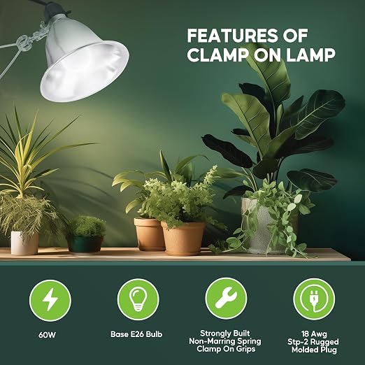 HealSmart 5.5" Clamp Light Socket, 60-Watt Maximum with 6 Feet 18/2 SPT-2 Cord, Aluminum Reflector E26 (no Bulb Included), for Reptiles and Plants Growing, (Pack of 1)