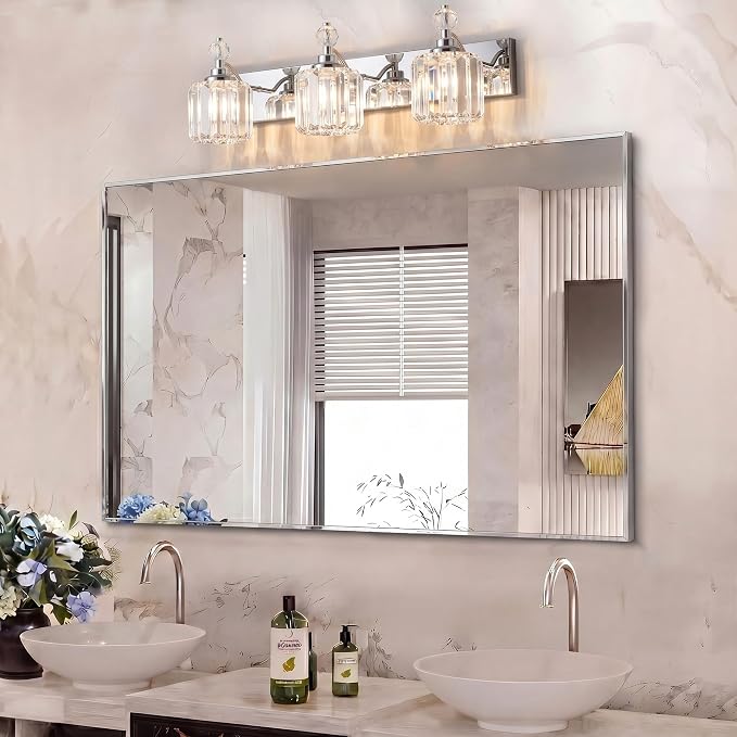 Chrome Light Fixtures, 3 Light Bathroom Vanity Light with 42pcs Crystal Sheet, 22in Modern Vanity Light, Bathroom Lighting Fixtures Over Mirror
