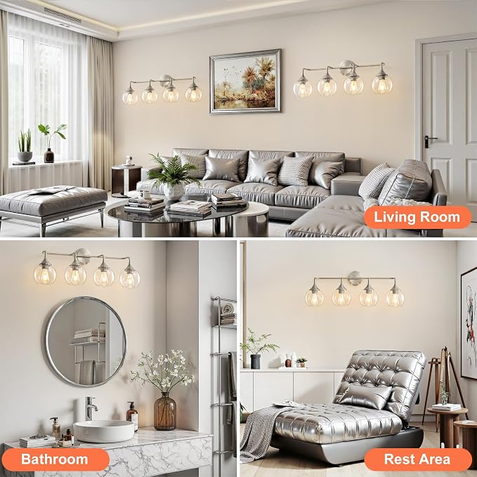 Bathroom Vanity Light 4-Light Brushed Nickel Vanity Lights 31" | Farmhouse Vanity Lighting Fixtures Over Mirror, Thickened Clear Glass Shade, UL E26 Dimmable Vanity Light Fixtures