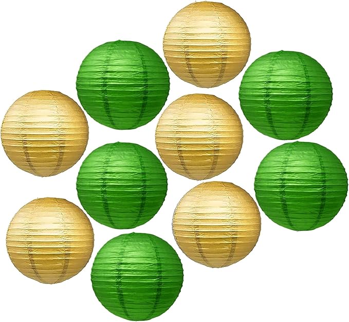 Mudra Crafts Green and Gold Paper Lanterns Wedding Party Decorations - 12 in 10 Round Hanging Ceiling Lanterns, 10 Pack, Decorative Lamp Shades