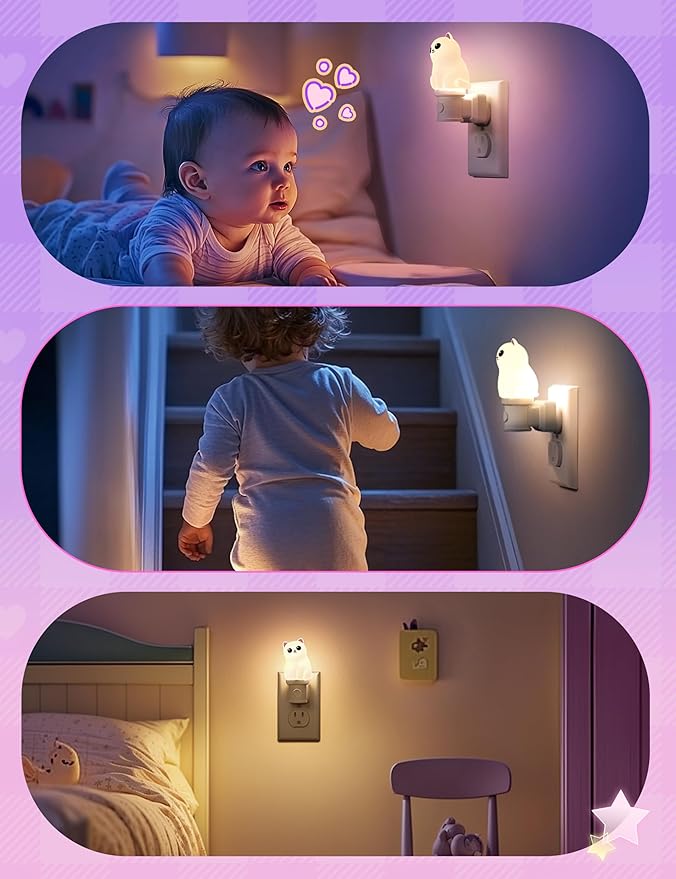 KINDEEP Kids Night Lights for Bedroom: RGB & Soft White with Dusk to Dawn Sensor, Detachable Cute Animal Night Light for Baby Nursery, Kids Room Decor 2 Pack (Two White Persian Cats)