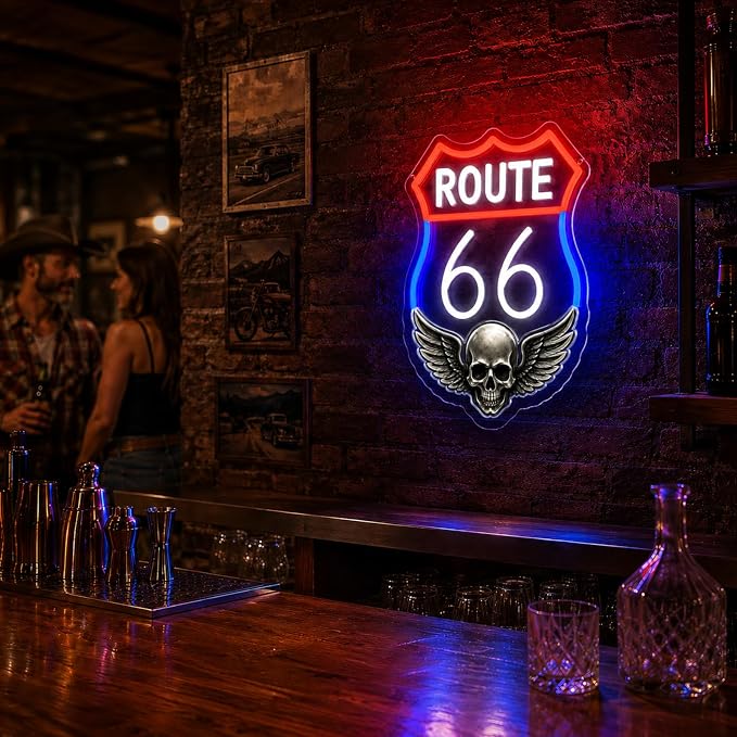 Route 66 Neon Sign Vintage LED Wall Decor Skull Wings Garage Man Cave Light