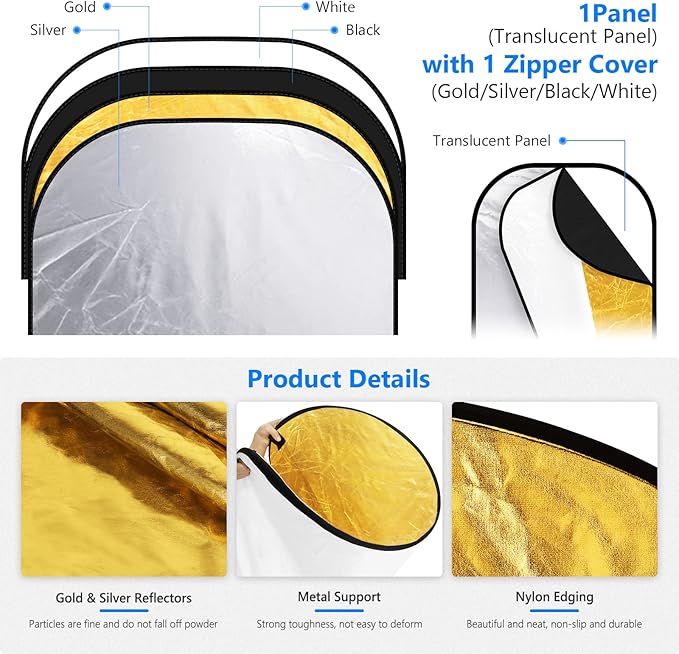 NEEWER 59"x79"/150x200cm Light Reflectors for Photography, Portable 5 in 1 Collapsible Multi Disc with Bag - Translucent, Silver, Gold, Black, White Diffuser for Studio and Outdoor Lighting