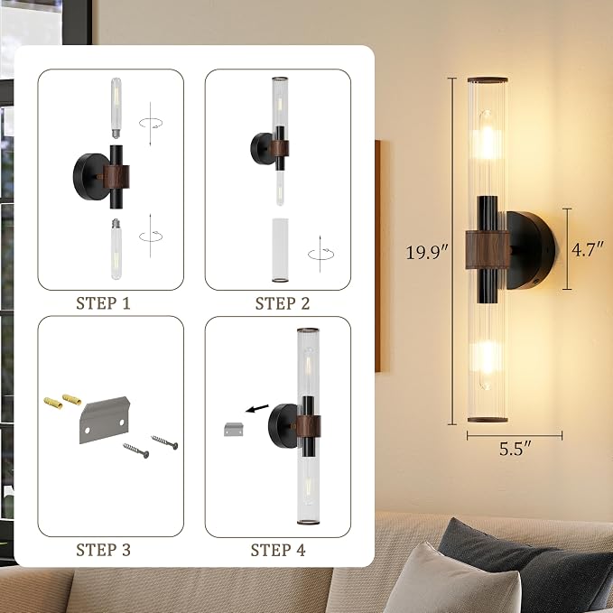 Morauroral Black Walnut Battery Operated Wall Sconces Set of 2, Rechargeable Wall Lights with Remote, 20 Inch Modern Wireless Wall Lamp for Bedroom, Living Room with White Shade (Bulbs Included)