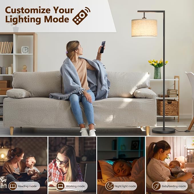 Floor Lamp with Remote Control, Stepless Dimmable Standing Lamp,Black | Colors Temperature and Brightness Adjustable, Beige Linen Lampshade, For Living Room Bedroom Office, 9W LED Bulb Included