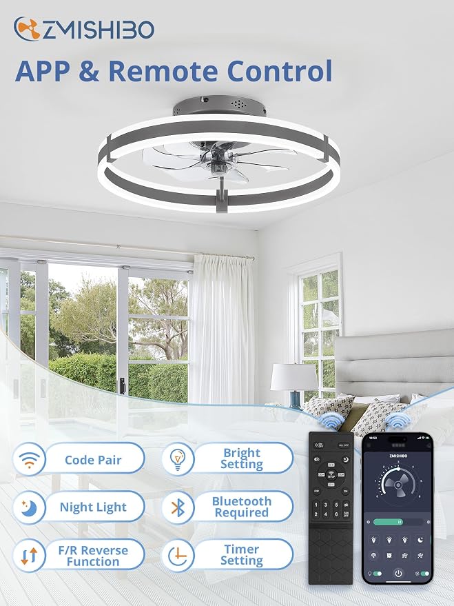 ZMISHIBO Low Profile 19.7'' Ceiling Fans with Lights and Remote, Gray | 3000-6000K Dimmable LED Fandelier, Quiet DC Motor, Reversible Airflow, 6 Wind Speeds, Timer, Bedroom, Living Room, Kitchen