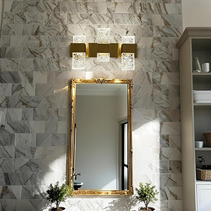 Gold Bathroom Vanity Lights Fixtures Over Mirror LED Crystal Modern 3 Light Brushed Stainless Steel Wall Mount Light for Bathroom Lighting Fixtures 3000K 30Watts Warm Light