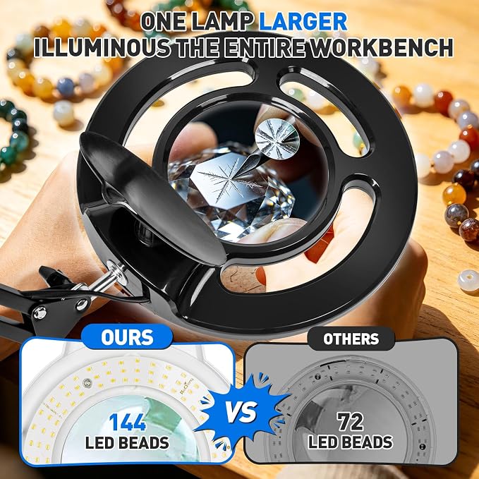 12X 30X Magnifying Glass with Light, KIRKAS 2,200 Lumens LED Magnifier Lamp | with Clamp, Stepless Dimmable Real Glass Lens, Adjustable Arm Workbench Light for Close Work Hobby Repair Craft - Black