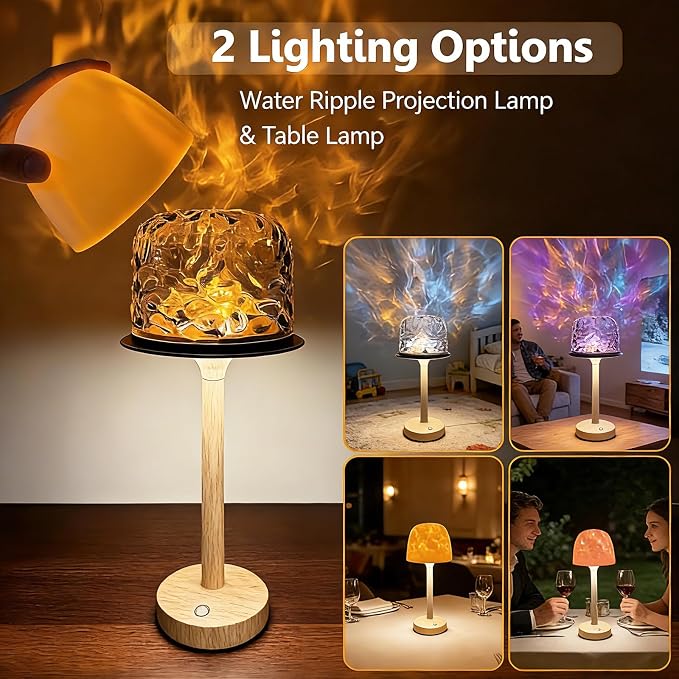 Waterproof Bathroom Lamp with 16 Color Ocean Wave Projector, Rechargeable Shower Light with Touch & Remote Control, Cordless Light for Inside Shower/Bathtub (Natural Wood Color)