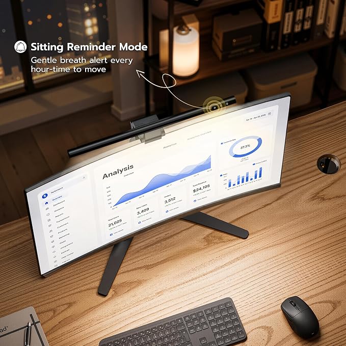 ARES WING Monitor Light Bar with Remote & Sedentary Alert, USB Desk Lamp | CCT Adjustable, 10-Level Dim LED Computer Light, Space Saving, Eye-Care Lightbar for Flat/Curved Monitor, Home Office Gaming