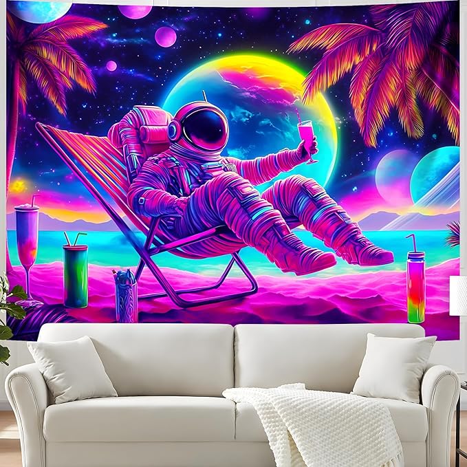 BVBOX Blacklight Space Astronaut Tapestry UV Reactive Galaxy Planet Glow in Dark Tapestries Black Light Poster Neon Wall Hanging Art for bedroom Living Room (Astronaut recliner-3M)