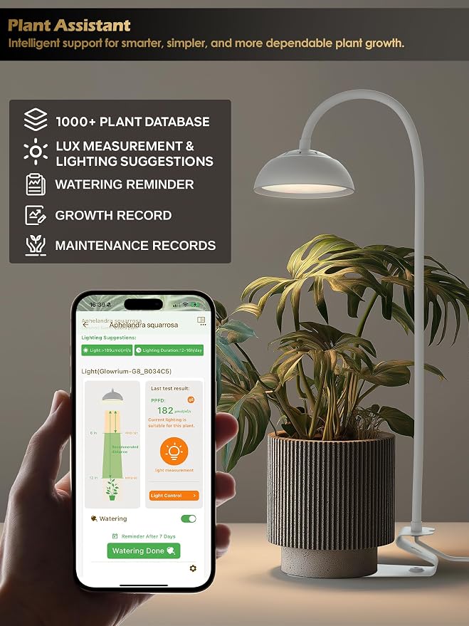Smart Grow Light for Indoor Plants, Full Spectrum Plant Grow Light | 10W LED Plant Light with 3/9/12 Timer, Smart APP&in-line control, 10 Dimming Levels, Height Adjustable Grow Light with Base