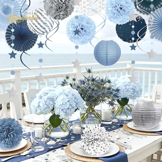 19Pcs Dusty Blue Party Decorations, Hanging Paper Lanterns Fans Tissue Flower Pom Poms Swirls for Wedding, Birthday, Something Blue Bridal Shower Bachelorette Party Baby Shower Decorations