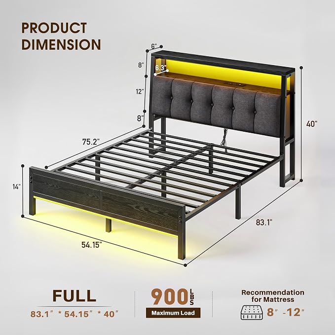 Homkdom Full Bed Frame,Upholstered Storage Headboard,Charging Station,Black | LED Lights, 12" Under-Bed Storage, 2 Three-prong Outlet&2 USB, Noise-Free, Quick Assembly, Supports up to 900 lbs