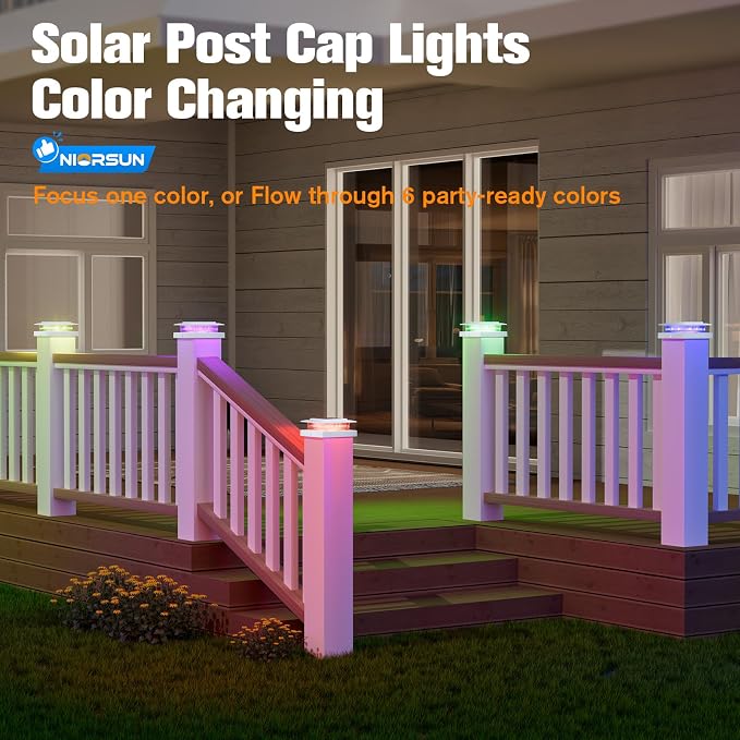 4x4 Post Solar Lights Color Changing,Solar Post Light, 6 Pack White | RGB Solar Post Cap Lights for 4x4 Post Caps Wood Vinyl,5x5 Vinyl,IP44 Waterproof Fence Post Solar Lights Outdoor for Deck