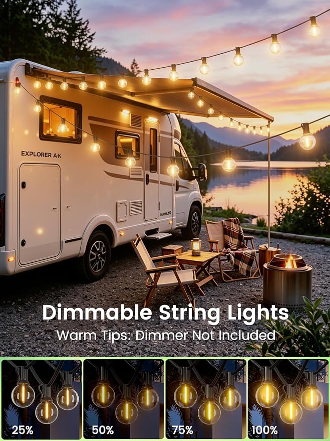 LACHON Outdoor String Lights Waterproof 50 FT with 25 G40 IP65 Bulbs | Dimmable,Connectable,Shatterproof,2700K Warm White,Perfect For Any Outdoor Space,Patio,Backyard,Cafe,Bistro,Porch,Market