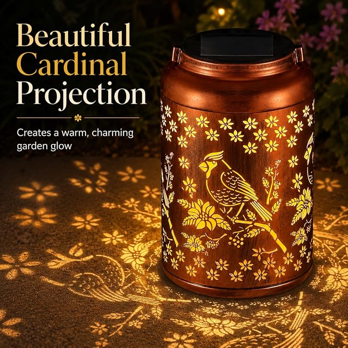 Solar Lanterns Outdoor Waterproof Garden Decor Gifts for Women Mom Grandma | Garden Lantern with Flower Shadow Projection, Decorative Solar Light for Patio Porch Yard Tree (Red Bird)